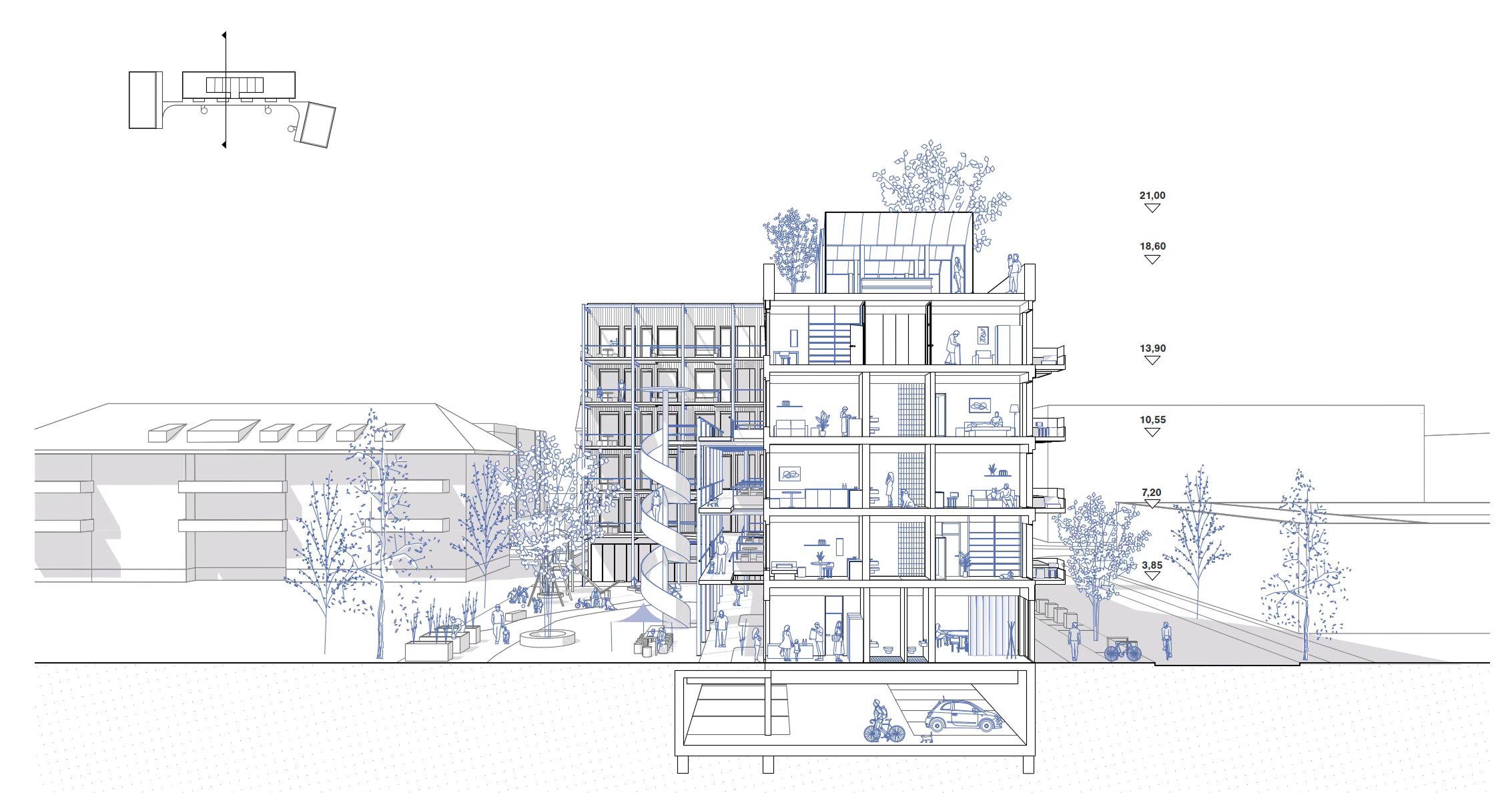 Querschnittszeichnung eines Gebäudes