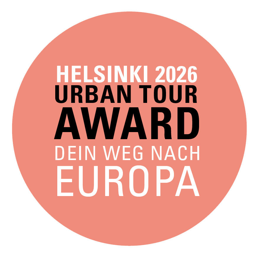 Ein lachsroter Kreis mit der Inschrift: Helsinki 2026 Urban Tour Award Dein Weg nach Europa